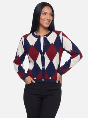 Women's Elegant Diamond Pattern Cardigan | Open Front Knit Jacket Autumn Knitwear Sky Blue Beige Navy Burgundy Black