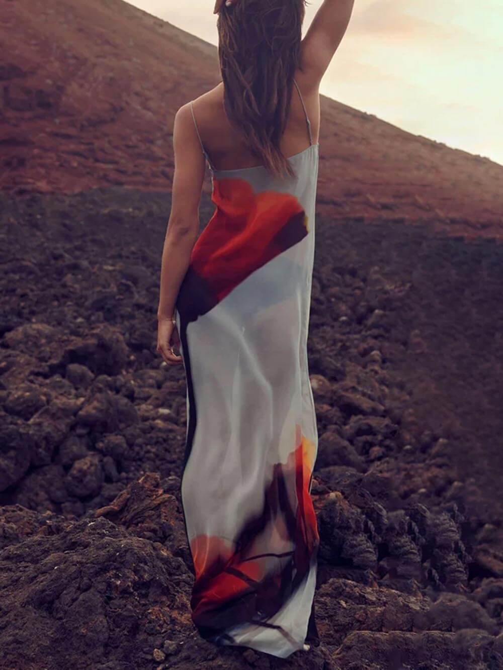 Abstract Tulip Print Vacation Slip H-Line Maxi Dress | Women's Satin Slip Maxi Dress | Elegant Evening Long Dress UK