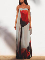 Abstract Tulip Print Vacation Slip H-Line Maxi Dress | Women's Satin Slip Maxi Dress | Elegant Evening Long Dress UK