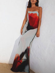 Abstract Tulip Print Vacation Slip H-Line Maxi Dress | Women's Satin Slip Maxi Dress | Elegant Evening Long Dress UK