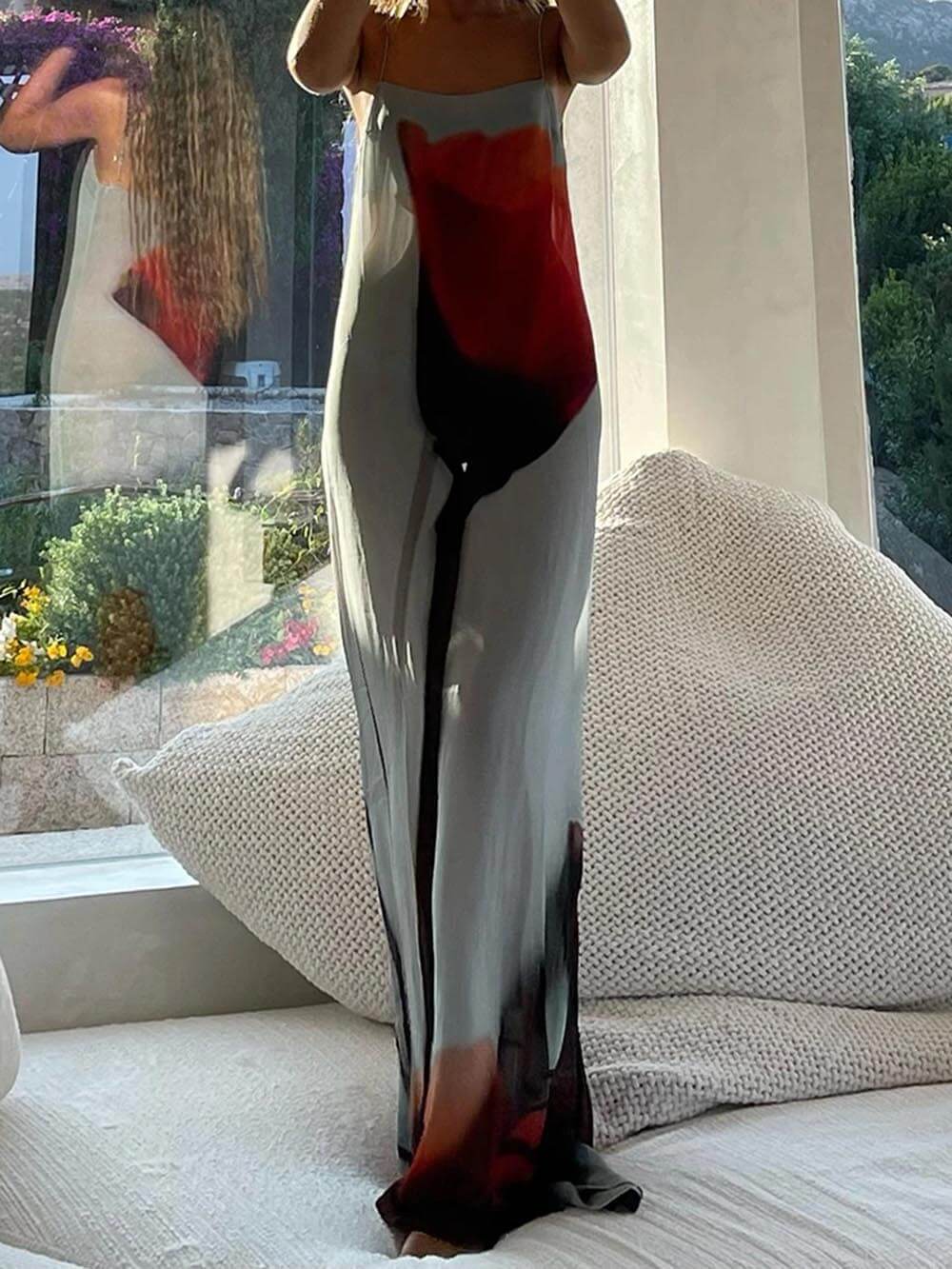 Abstract Tulip Print Vacation Slip H-Line Maxi Dress | Women's Satin Slip Maxi Dress | Elegant Evening Long Dress UK