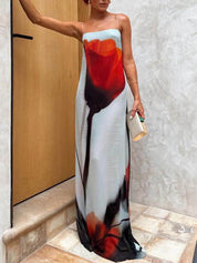 Abstract Tulip Print Vacation Slip H-Line Maxi Dress | Women's Satin Slip Maxi Dress | Elegant Evening Long Dress UK