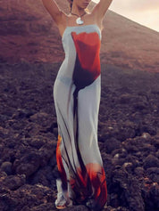 Abstract Tulip Print Vacation Slip H-Line Maxi Dress | Women's Satin Slip Maxi Dress | Elegant Evening Long Dress UK