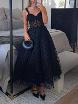 Exquisite Perfect Tulle Polka Dot Sweetheart Bustier A-Line Midi Dress | Women's Classic Midi Dress | Elegant Everyday Dress UK