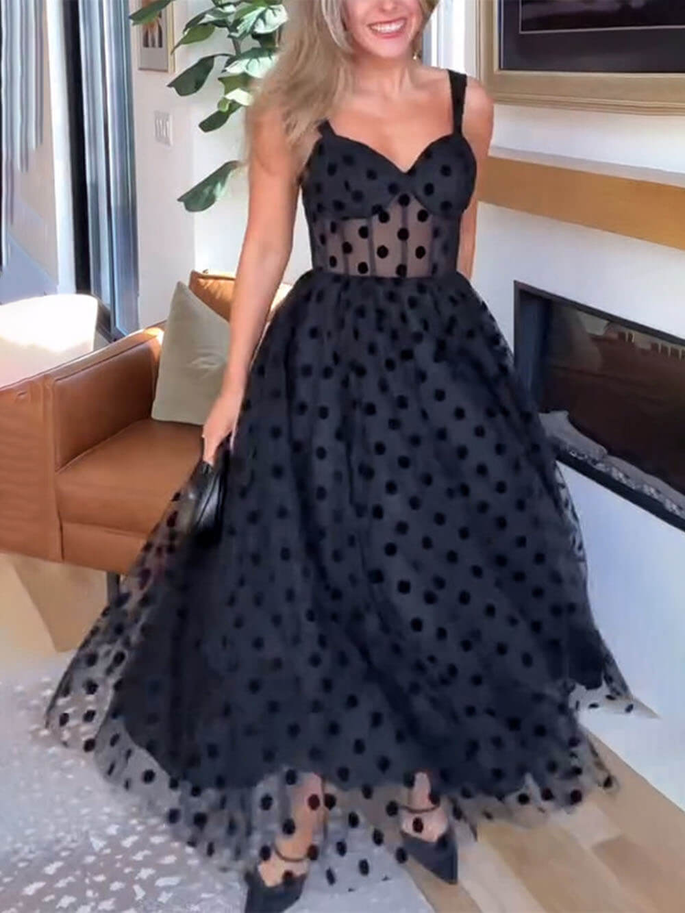 Exquisite Perfect Tulle Polka Dot Sweetheart Bustier A-Line Midi Dress | Women's Classic Midi Dress | Elegant Everyday Dress UK