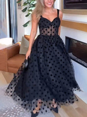 Exquisite Perfect Tulle Polka Dot Sweetheart Bustier A-Line Midi Dress | Women's Classic Midi Dress | Elegant Everyday Dress UK