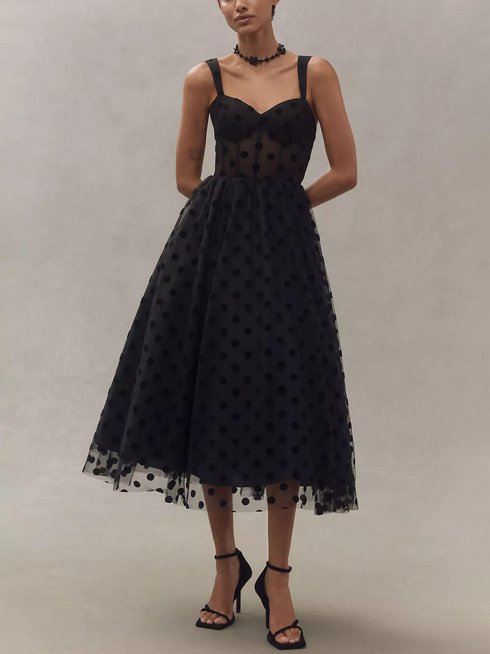 Exquisite Perfect Tulle Polka Dot Sweetheart Bustier A-Line Midi Dress | Women's Classic Midi Dress | Elegant Everyday Dress UK