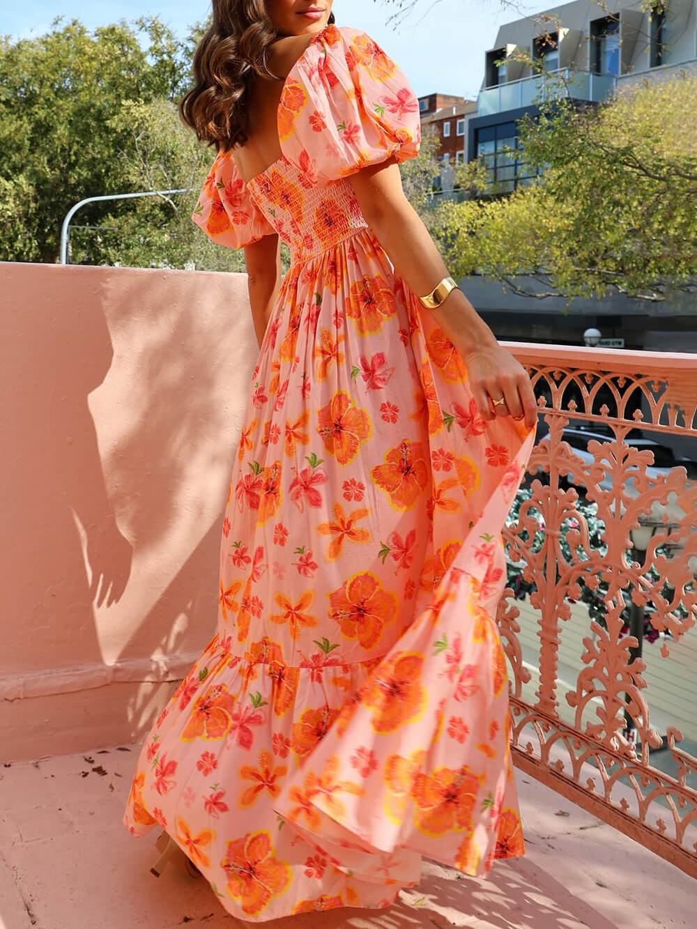 Puff Sleeve Floral Print Back Smocked Pocket Maxi Dress | Women's Floral Print Maxi Dress | Elegant Boho Holiday Dress UK