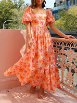 Puff Sleeve Floral Print Back Smocked Pocket Maxi Dress | Women's Floral Print Maxi Dress | Elegant Boho Holiday Dress UK