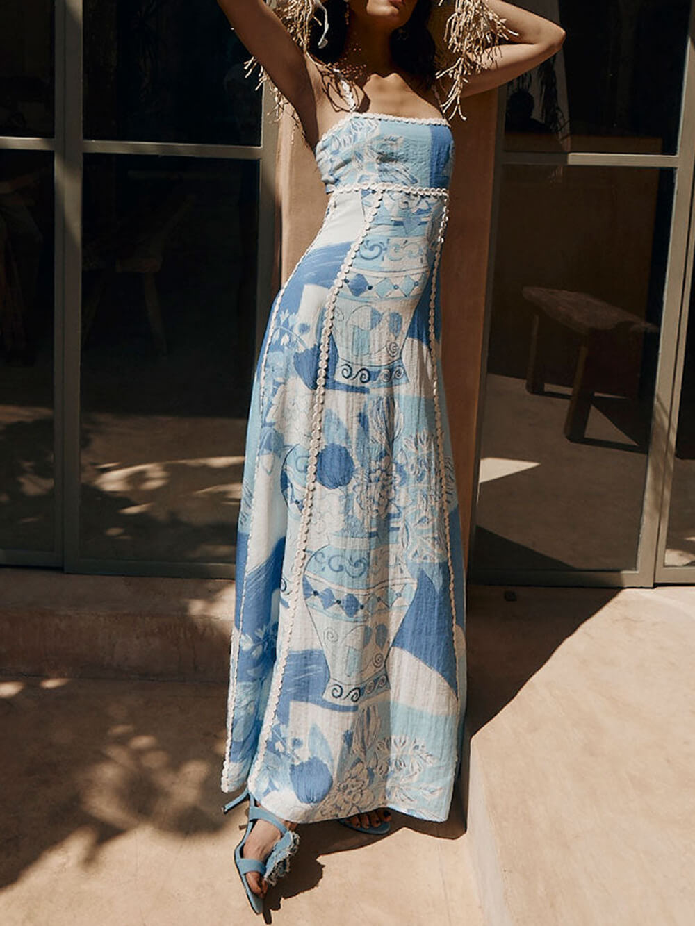 Halter Straps Lace Patchwork Printed Back Tie Halter Flare Maxi Dresses | Women's Halter Neck Maxi Dress | Summer Holiday Long Dress UK