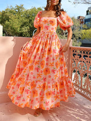 Puff Sleeve Floral Print Back Smocked Pocket Maxi Dress | Women's Floral Print Maxi Dress | Elegant Boho Holiday Dress UK