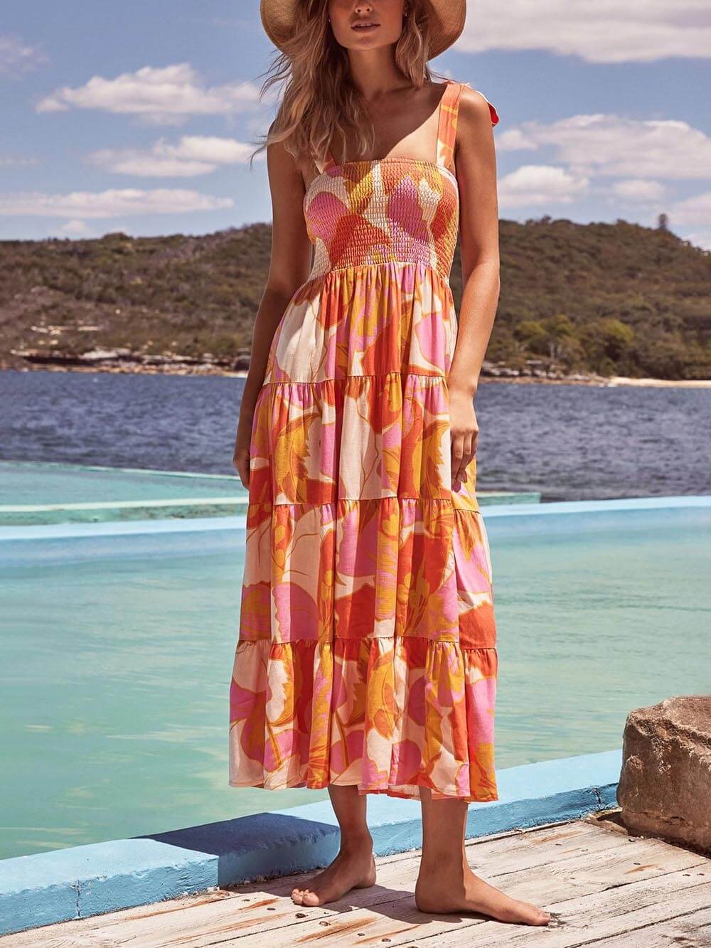 Sleeveless Sea Charm Pleated Stretch Chest Print Cami Dress | Women's Fashion Dress | Elegant Casual Everyday Dress UK