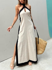 Halter Neck Slit Color Block Maxi Dress | Women's Halter Neck Maxi Dress | Summer Holiday Long Dress UK