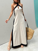 Halter Neck Slit Color Block Maxi Dress | Women's Halter Neck Maxi Dress | Summer Holiday Long Dress UK
