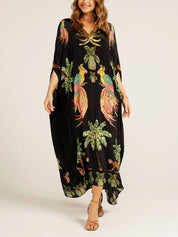 Unique Drop Shoulder Sleeve Coconut Tree Printed Dress | Women's Fashion Dress | Elegant Casual Everyday Dress UK