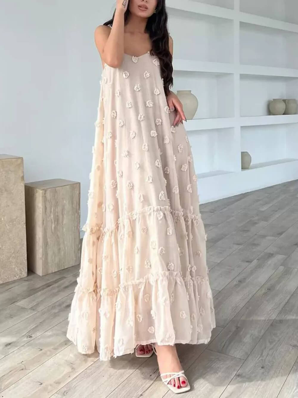 Flower Decor Pretty A-Line Layered Loose Maxi Dress | Women's Elegant Maxi Dress | Summer Holiday Long Dress UK