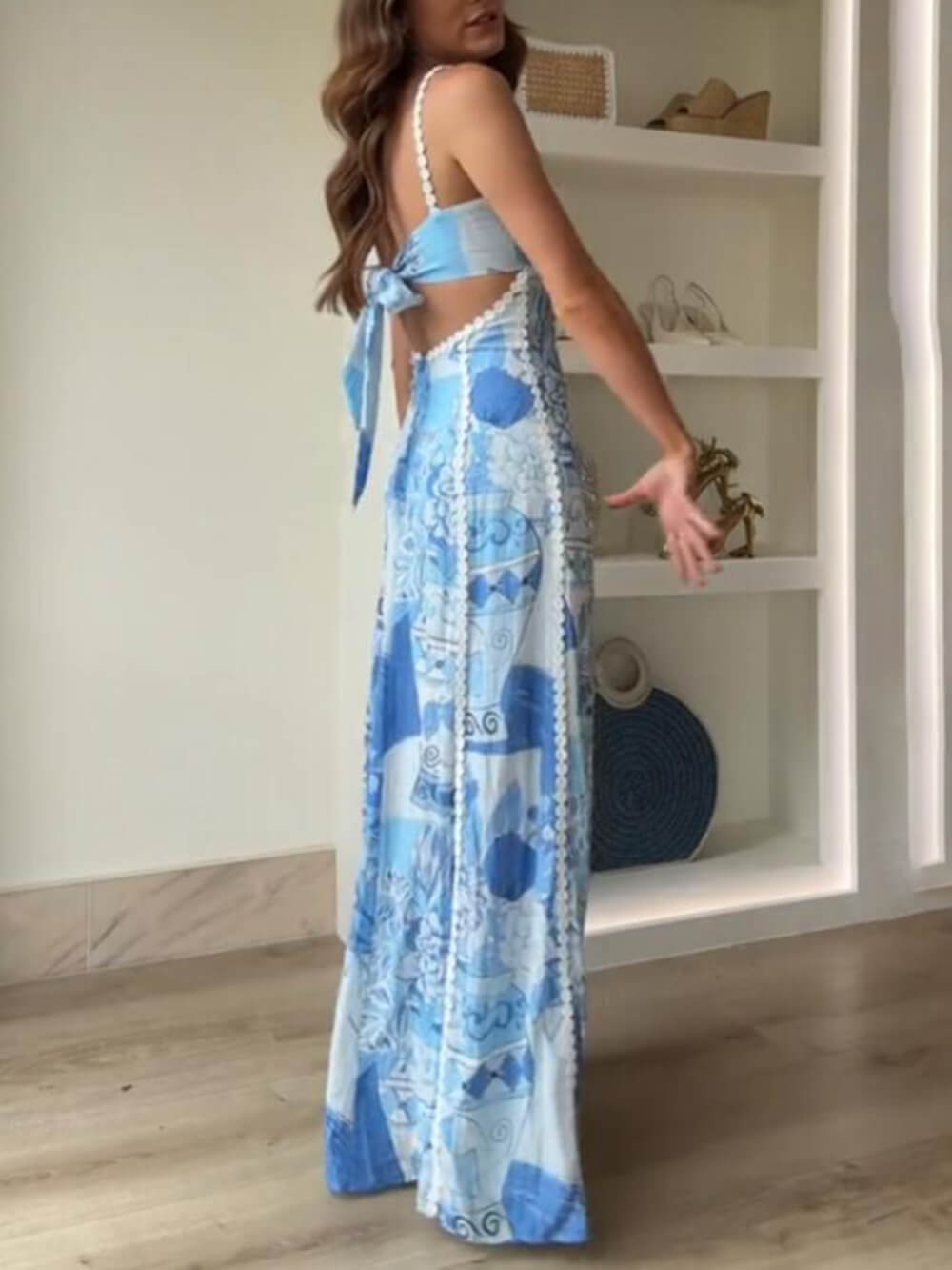 Halter Straps Lace Patchwork Printed Back Tie Halter Flare Maxi Dresses | Women's Halter Neck Maxi Dress | Summer Holiday Long Dress UK