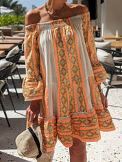 Ethnic Print Linen Blend Off Shoulder Loose Mini Dress | Women's Mini Dress | Casual Party Fashion Dress UK