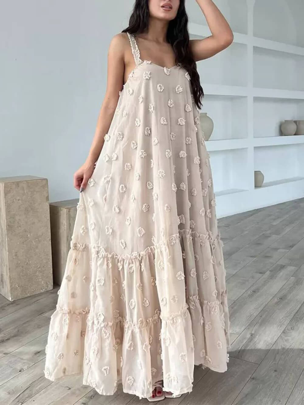 Flower Decor Pretty A-Line Layered Loose Maxi Dress | Women's Elegant Maxi Dress | Summer Holiday Long Dress UK