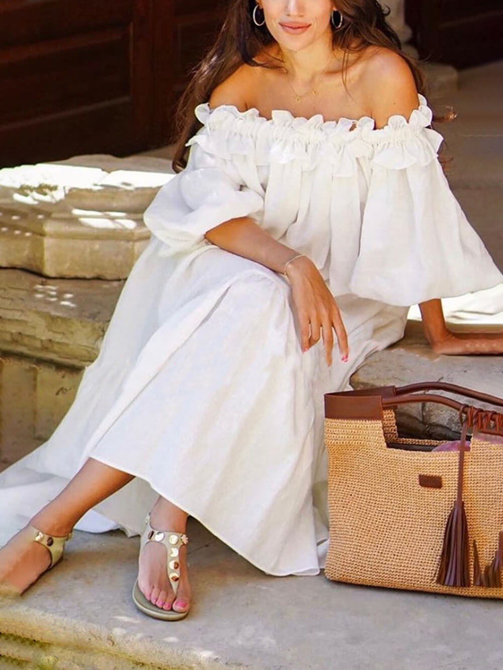 Ruffle Off Shoulder Puff Sleeve Pocketed Midi Dress | Women's Floral Puff Sleeve Midi Dress | Romantic Boho Dress UK