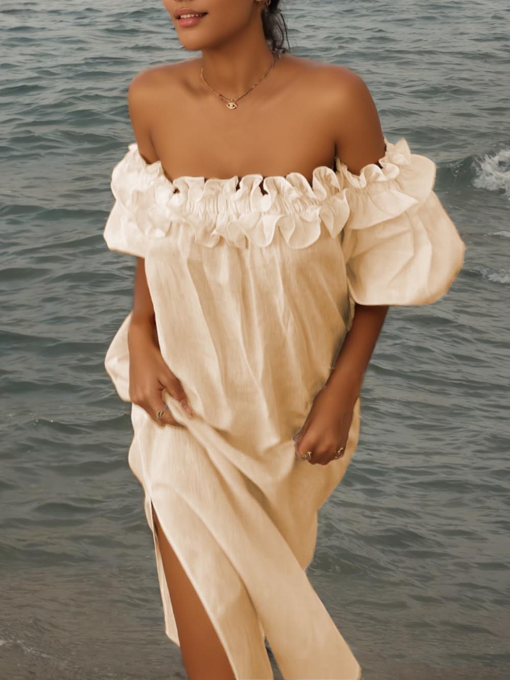 Ruffle Off Shoulder Puff Sleeve Pocketed Midi Dress | Women's Floral Puff Sleeve Midi Dress | Romantic Boho Dress UK