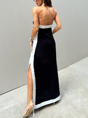 Halter Neck Slit Color Block Maxi Dress | Women's Halter Neck Maxi Dress | Summer Holiday Long Dress UK