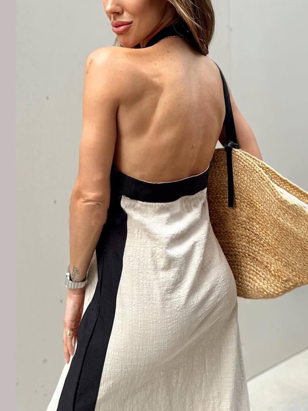 Halter Neck Slit Color Block Maxi Dress | Women's Halter Neck Maxi Dress | Summer Holiday Long Dress UK