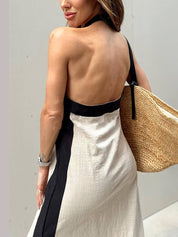 Halter Neck Slit Color Block Maxi Dress | Women's Halter Neck Maxi Dress | Summer Holiday Long Dress UK