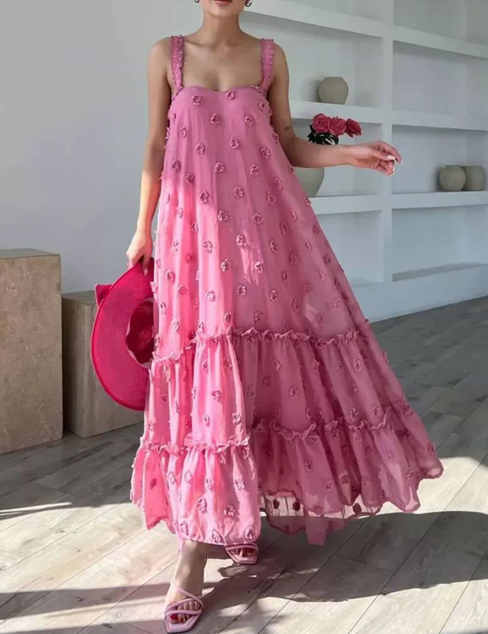 Flower Decor Pretty A-Line Layered Loose Maxi Dress | Women's Elegant Maxi Dress | Summer Holiday Long Dress UK