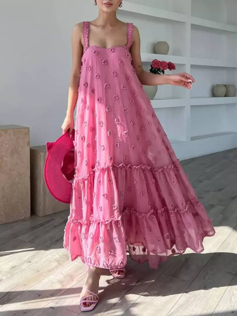 Flower Decor Pretty A-Line Layered Loose Maxi Dress | Women's Elegant Maxi Dress | Summer Holiday Long Dress UK