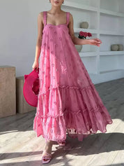 Flower Decor Pretty A-Line Layered Loose Maxi Dress | Women's Elegant Maxi Dress | Summer Holiday Long Dress UK