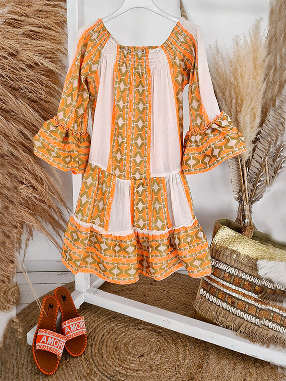 Ethnic Print Linen Blend Off Shoulder Loose Mini Dress | Women's Mini Dress | Casual Party Fashion Dress UK