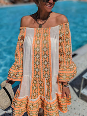 Ethnic Print Linen Blend Off Shoulder Loose Mini Dress | Women's Mini Dress | Casual Party Fashion Dress UK