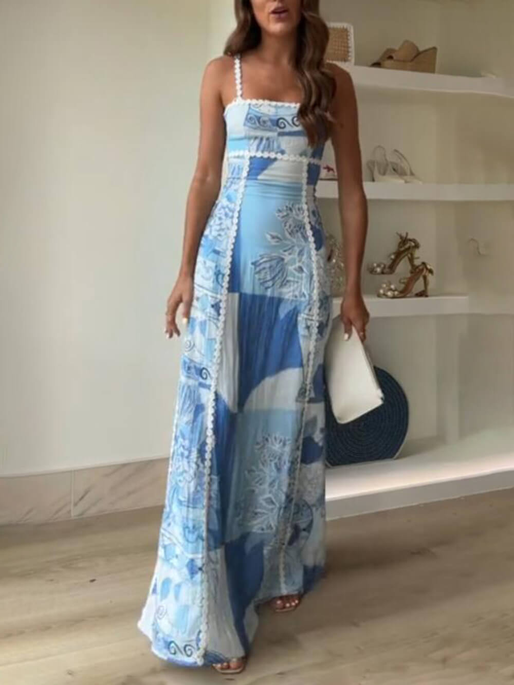 Halter Straps Lace Patchwork Printed Back Tie Halter Flare Maxi Dresses | Women's Halter Neck Maxi Dress | Summer Holiday Long Dress UK