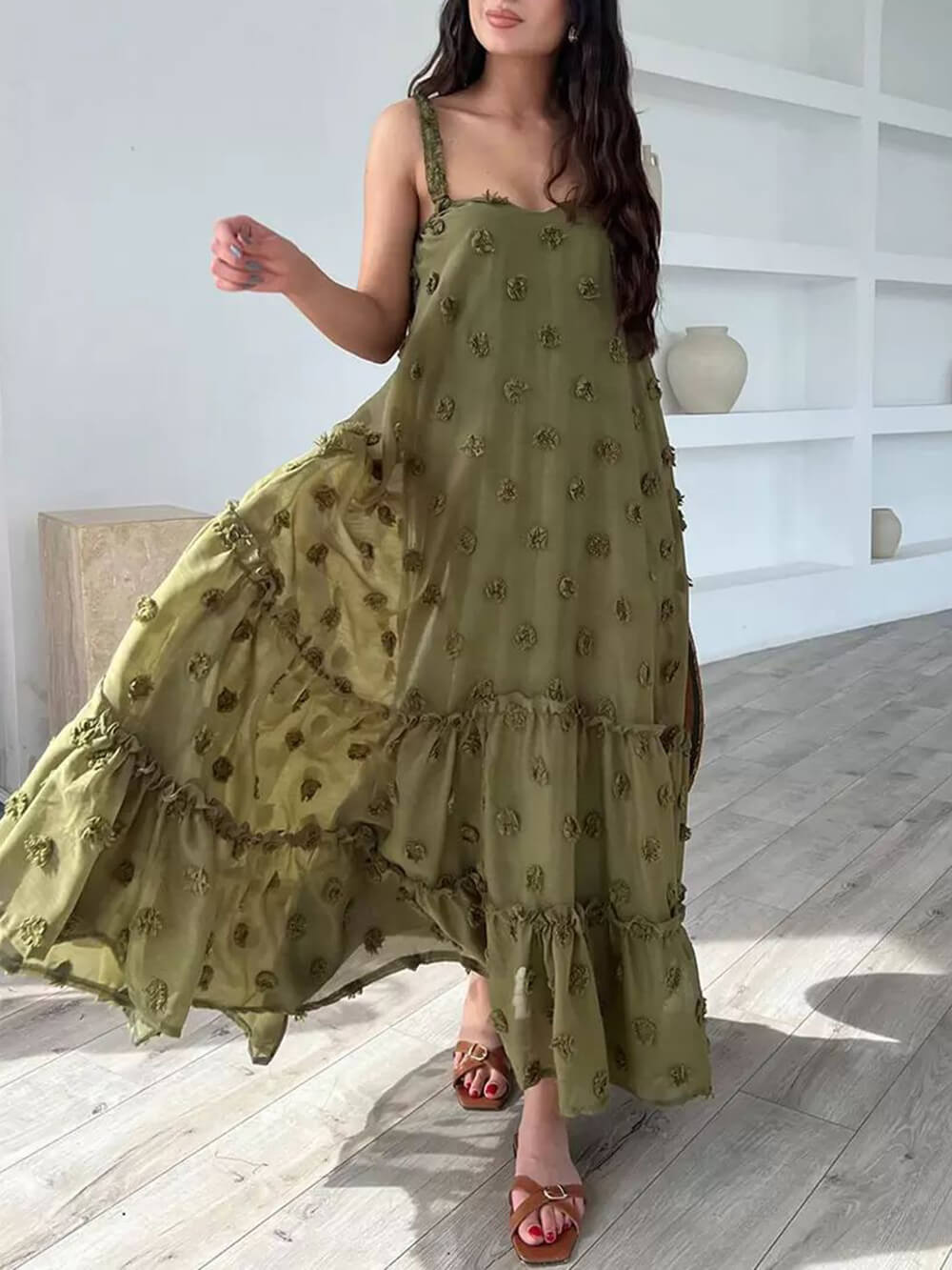 Flower Decor Pretty A-Line Layered Loose Maxi Dress | Women's Elegant Maxi Dress | Summer Holiday Long Dress UK