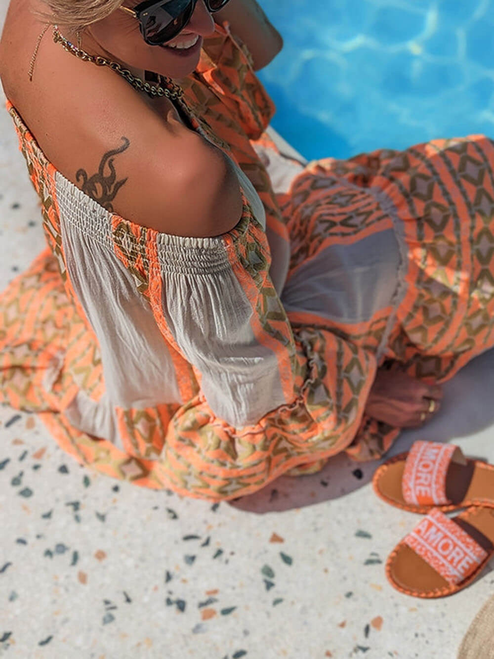 Ethnic Print Linen Blend Off Shoulder Loose Mini Dress | Women's Mini Dress | Casual Party Fashion Dress UK