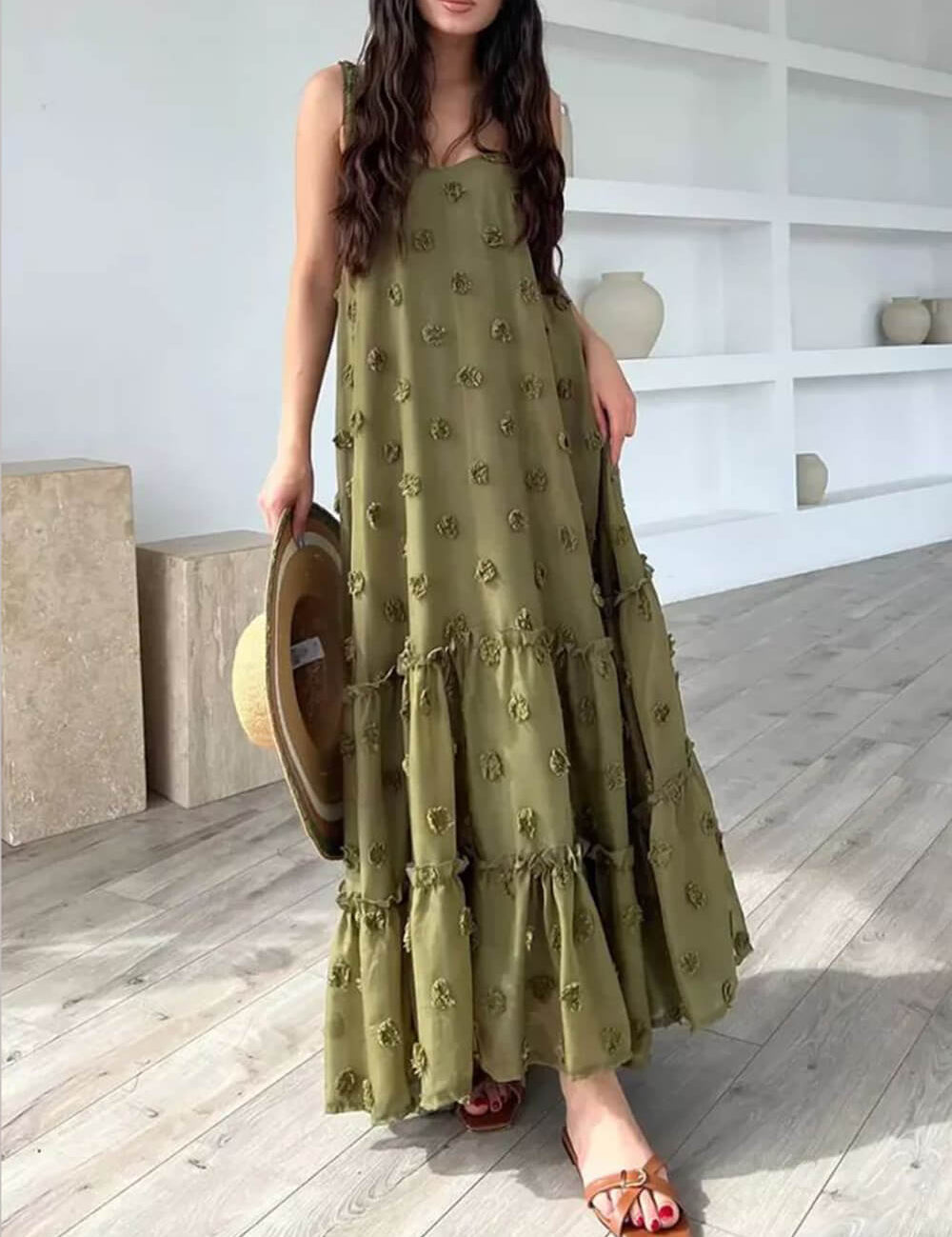 Flower Decor Pretty A-Line Layered Loose Maxi Dress | Women's Elegant Maxi Dress | Summer Holiday Long Dress UK