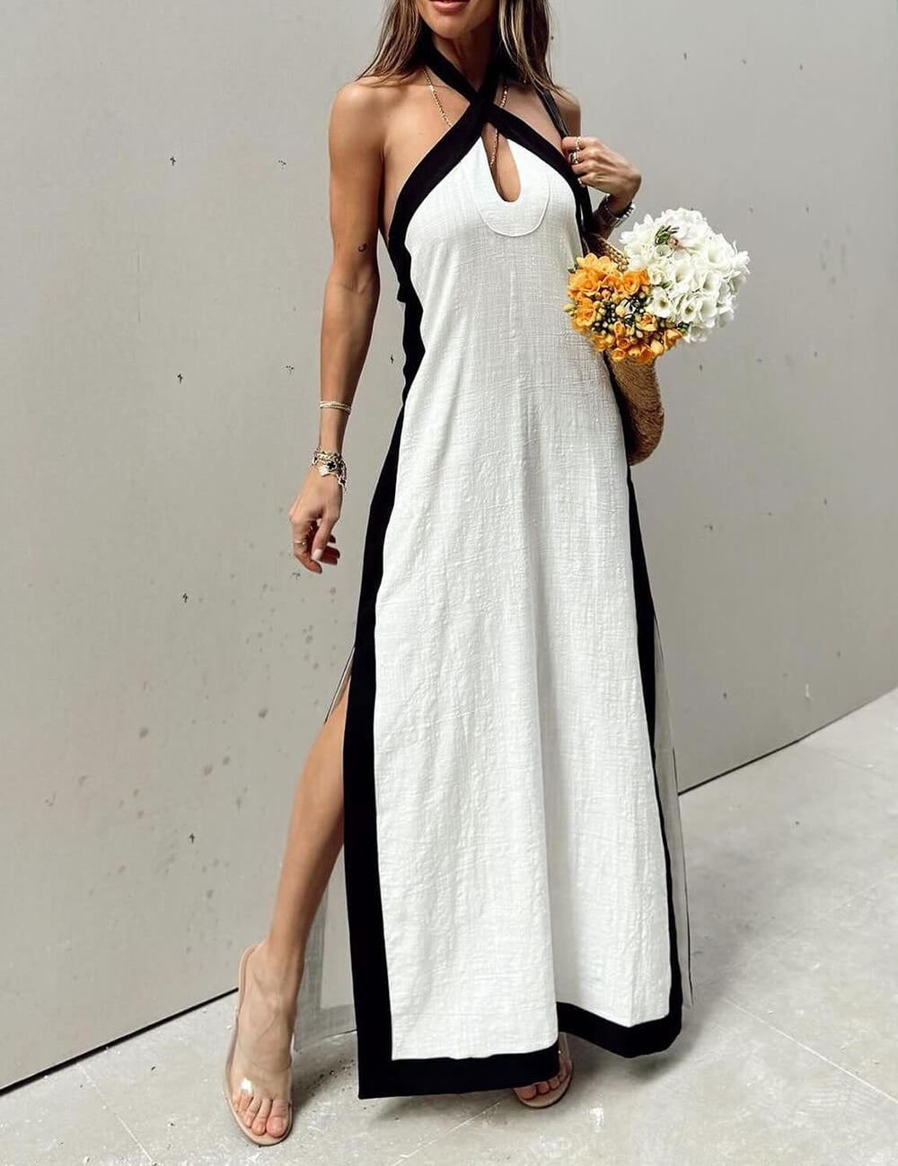 Halter Neck Slit Color Block Maxi Dress | Women's Halter Neck Maxi Dress | Summer Holiday Long Dress UK