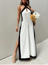Halter Neck Slit Color Block Maxi Dress | Women's Halter Neck Maxi Dress | Summer Holiday Long Dress UK