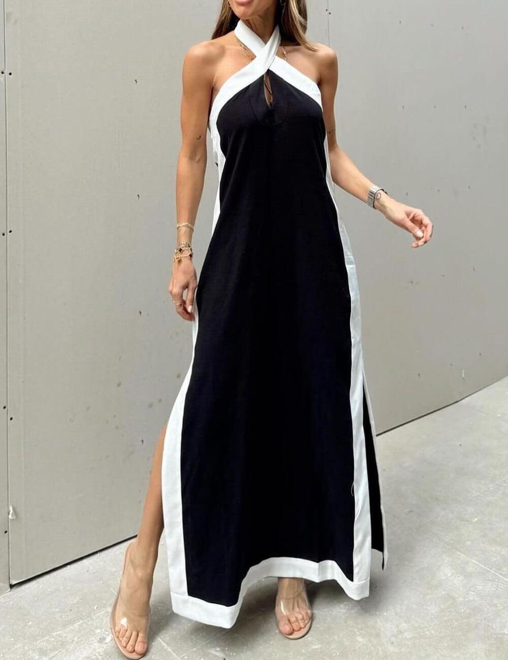 Halter Neck Slit Color Block Maxi Dress | Women's Halter Neck Maxi Dress | Summer Holiday Long Dress UK
