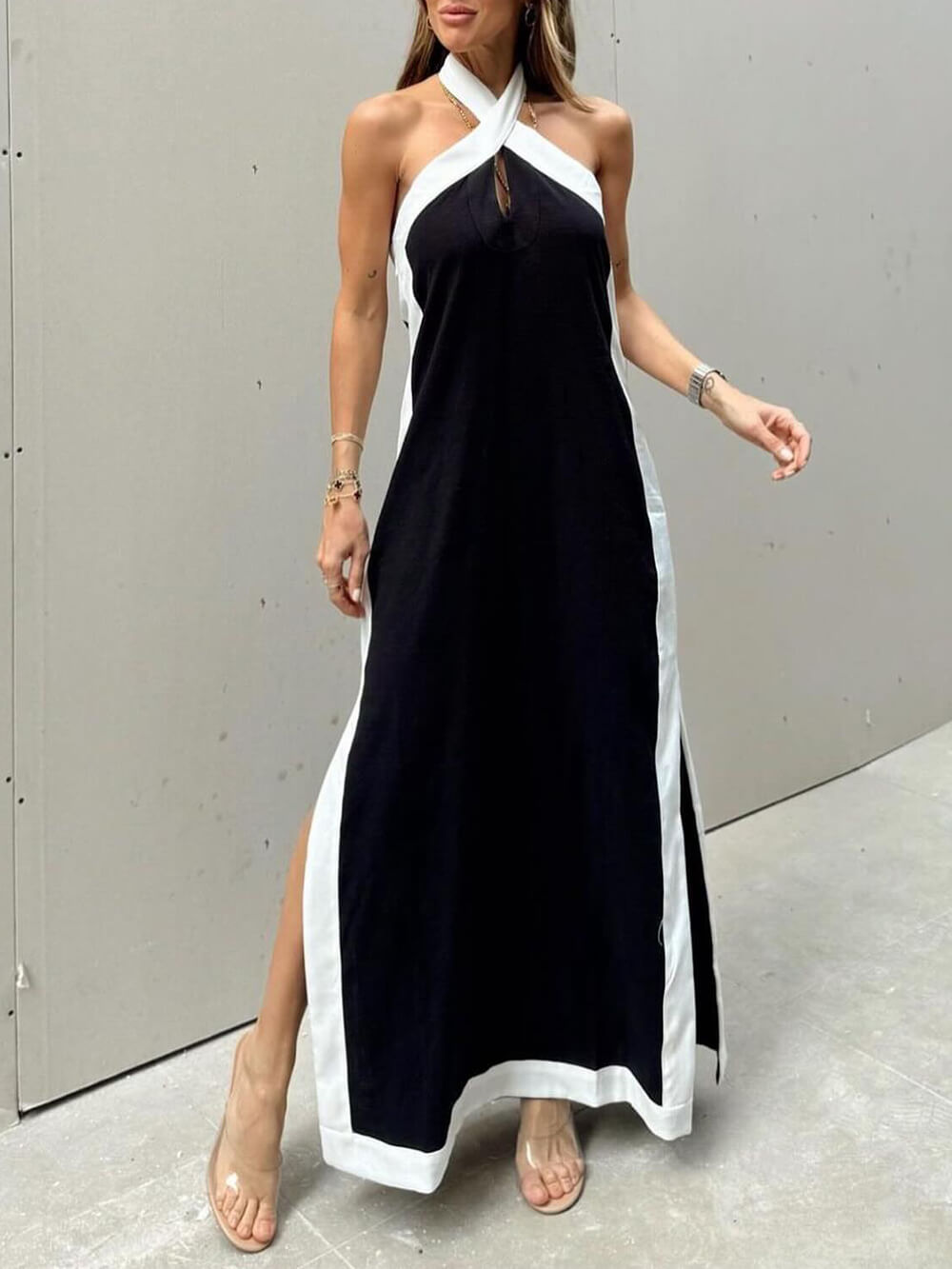 Halter Neck Slit Color Block Maxi Dress | Women's Halter Neck Maxi Dress | Summer Holiday Long Dress UK