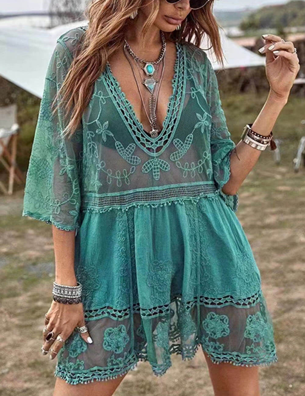 Loose Lace Beach Vacation Bikini Cover-Up Dress | Women's Beach Bikini Cover-Up | Crochet Knit Swimwear UK
