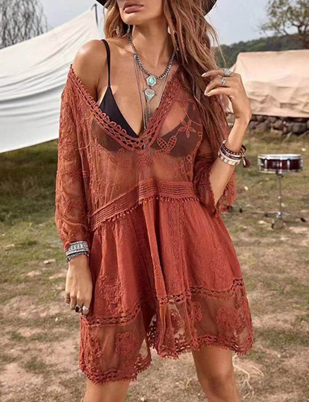 Loose Lace Beach Vacation Bikini Cover-Up Dress | Women's Beach Bikini Cover-Up | Crochet Knit Swimwear UK