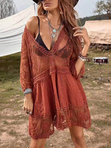 Loose Lace Beach Vacation Bikini Cover-Up Dress | Women's Beach Bikini Cover-Up | Crochet Knit Swimwear UK