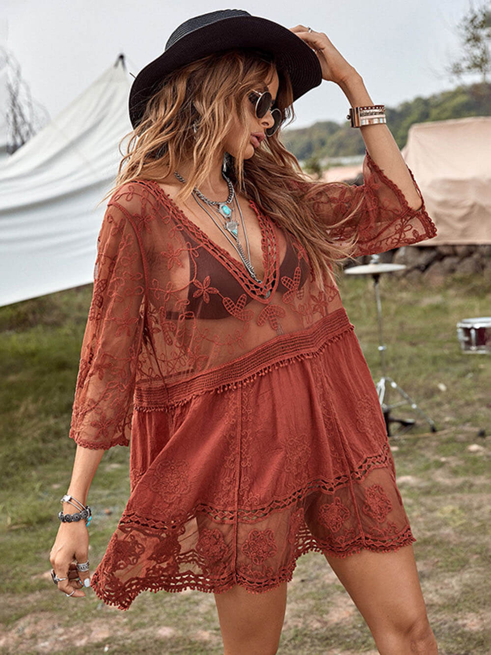 Loose Lace Beach Vacation Bikini Cover-Up Dress | Women's Beach Bikini Cover-Up | Crochet Knit Swimwear UK