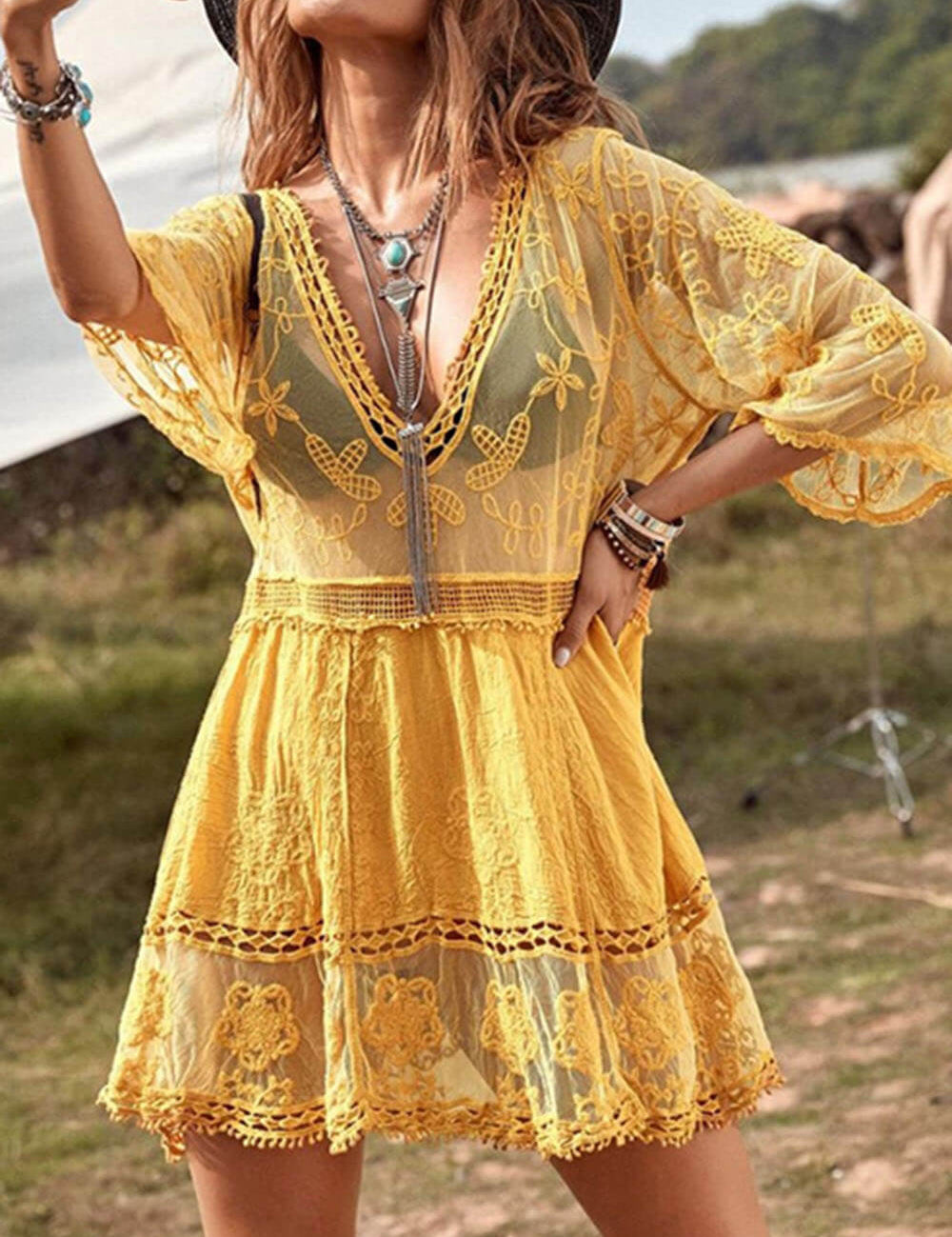 Loose Lace Beach Vacation Bikini Cover-Up Dress | Women's Beach Bikini Cover-Up | Crochet Knit Swimwear UK