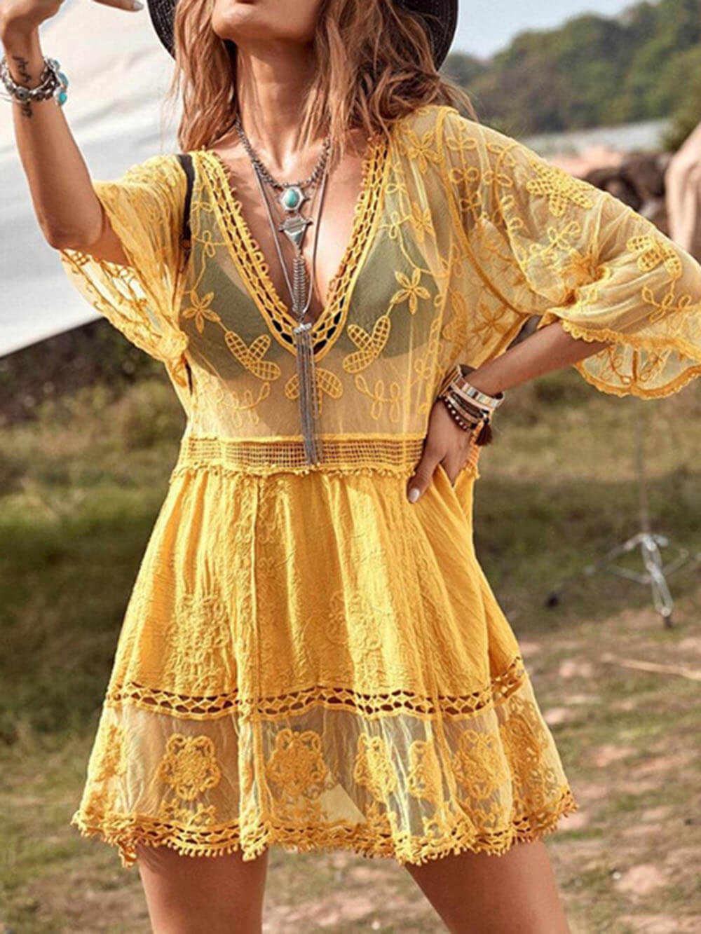 Loose Lace Beach Vacation Bikini Cover-Up Dress | Women's Beach Bikini Cover-Up | Crochet Knit Swimwear UK
