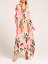 Unique Drop Shoulder Sleeve Coconut Tree Printed Dress | Women's Fashion Dress | Elegant Casual Everyday Dress UK
