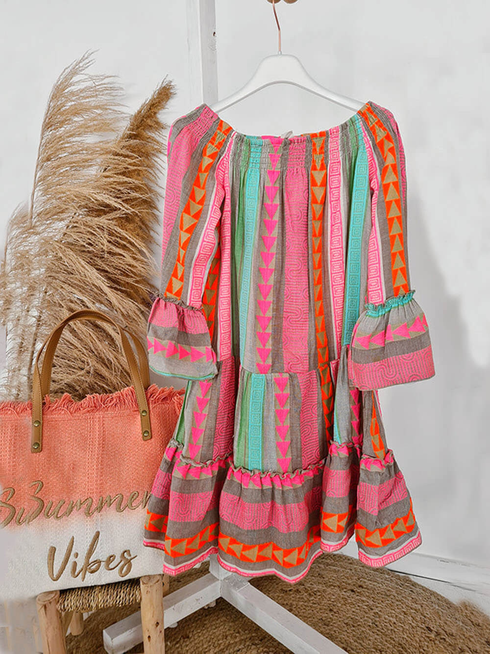 Ethnic Print Linen Blend Off Shoulder Loose Mini Dress | Women's Mini Dress | Casual Party Fashion Dress UK