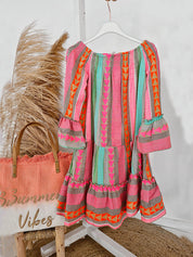 Ethnic Print Linen Blend Off Shoulder Loose Mini Dress | Women's Mini Dress | Casual Party Fashion Dress UK